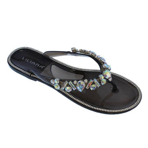 Black jeweled thong slide sandals from The House of Stylez with sparkling embellishments, side view showing the stylish design.