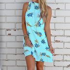 Multicolor sleeveless halter dress for women by Trendy Attic Store01, featuring vibrant patterns and a stylish halter neckline.