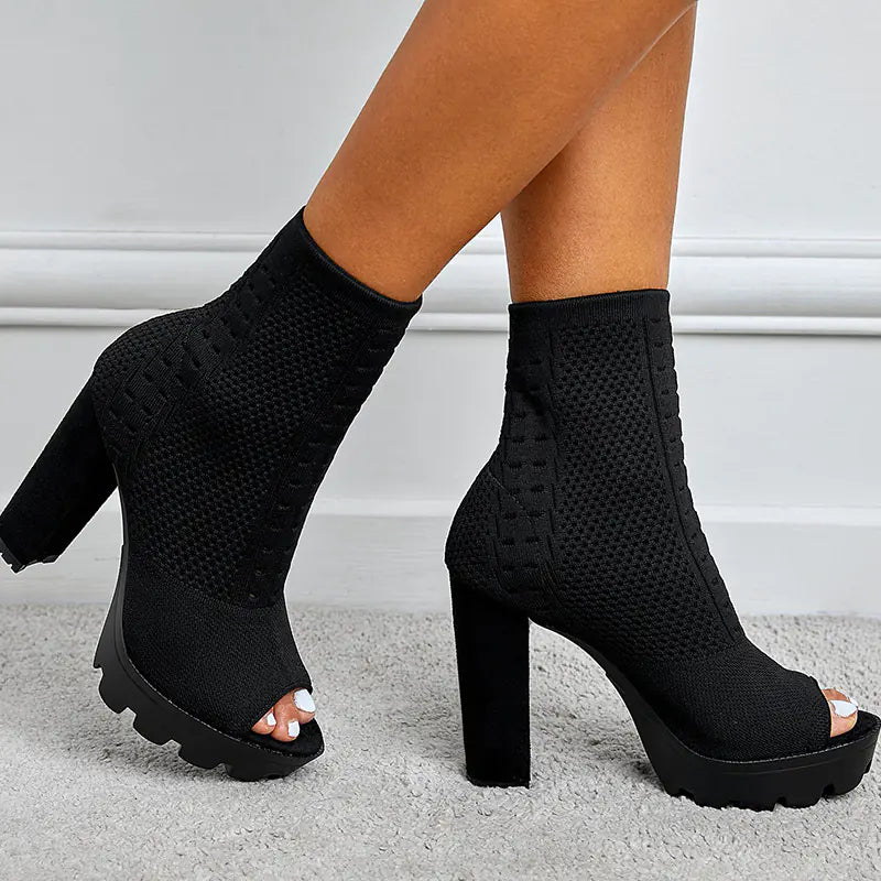 Women’s chunky high heel round toe fish mouth shoes, stylish boots by Trendy Attic Store01 with modern design and bold silhouette.