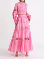 Elegant lace button-up long sleeve top and matching skirt set from Plush Fashion Hub, featuring intricate lace detailing.
