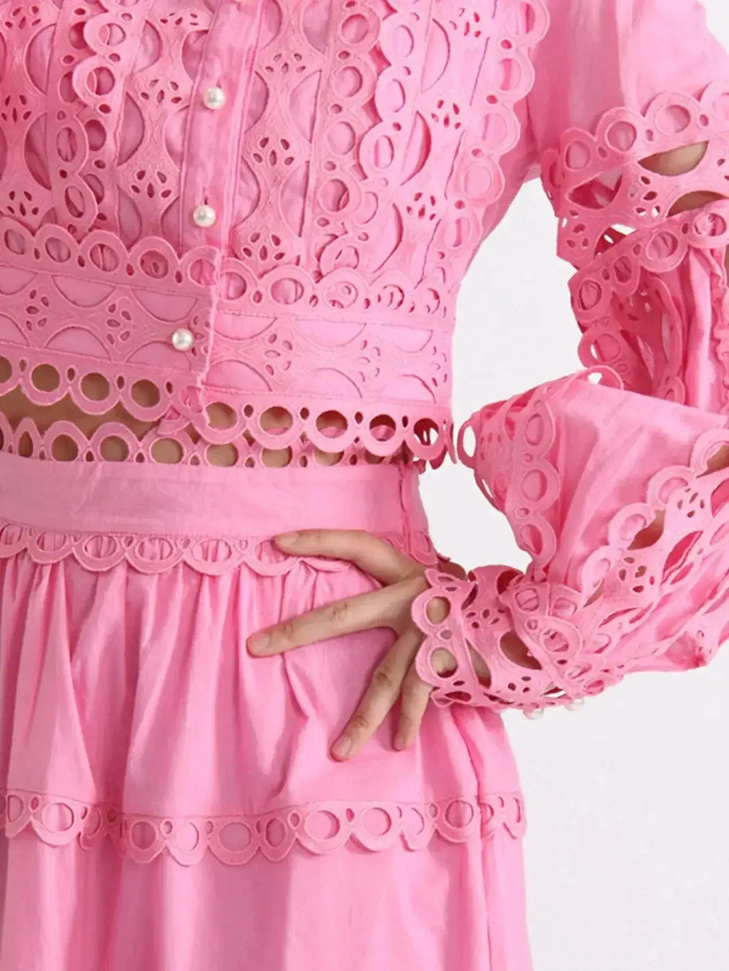Elegant lace button-up long sleeve top and matching skirt set from Plush Fashion Hub, featuring intricate lace details and classic style.