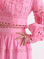 Elegant lace button-up long sleeve top and matching skirt set from Plush Fashion Hub, featuring intricate lace details and classic style.