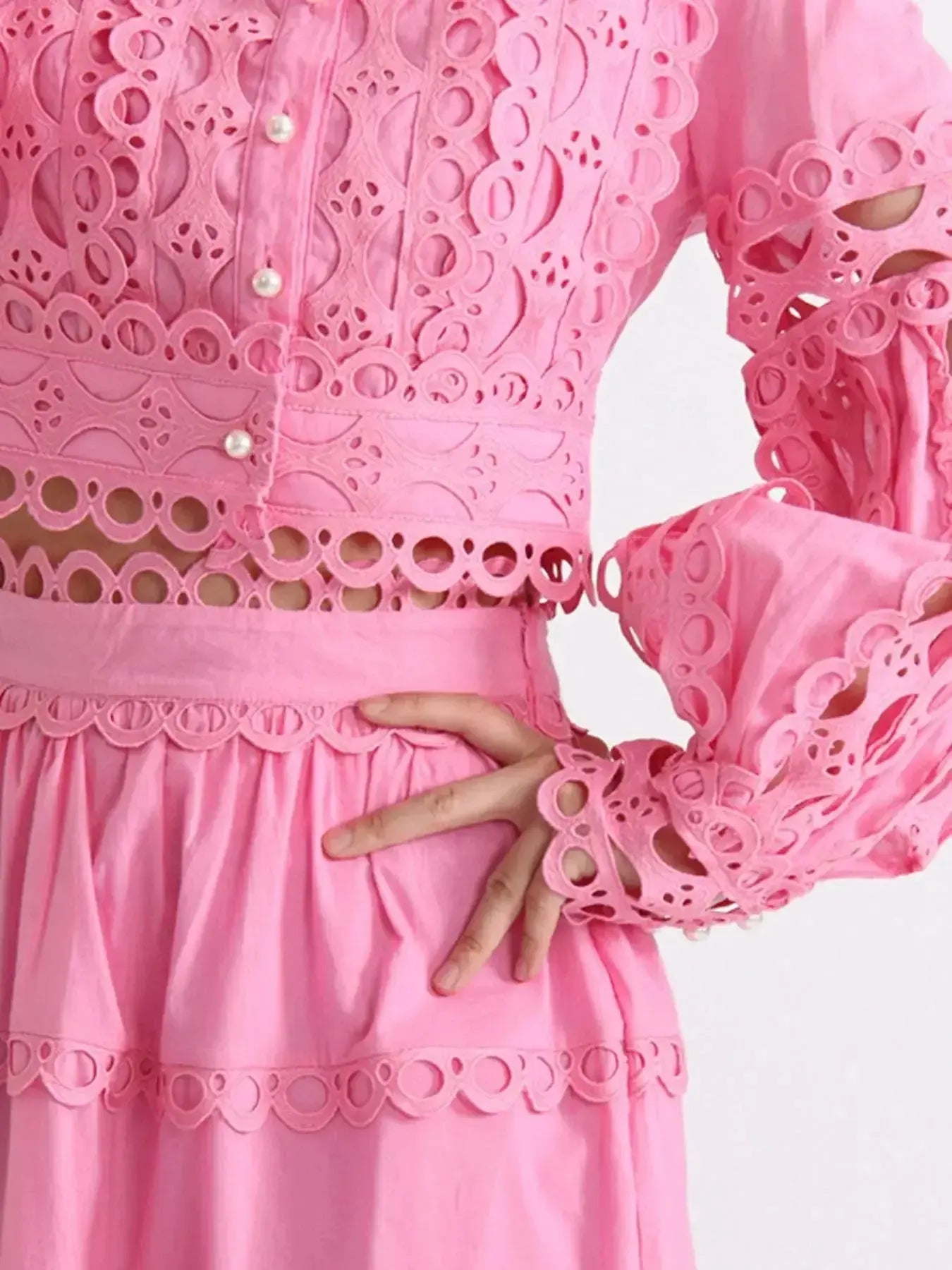 Elegant lace button-up long sleeve top and matching skirt set from Plush Fashion Hub, featuring intricate lace details and classic style.
