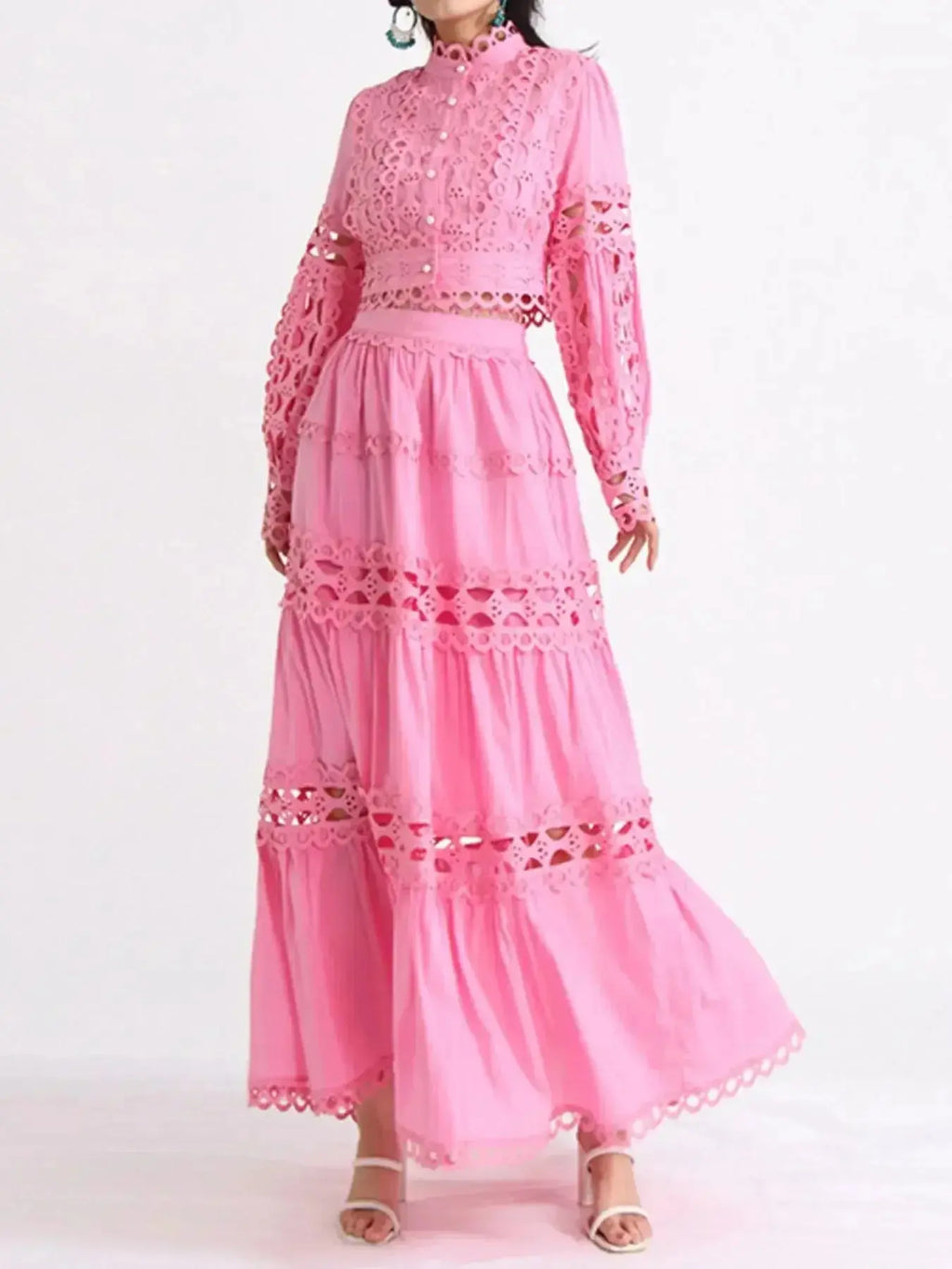 Elegant lace button-up long sleeve top and matching skirt set by Plush Fashion Hub, featuring intricate lace details and classic design.