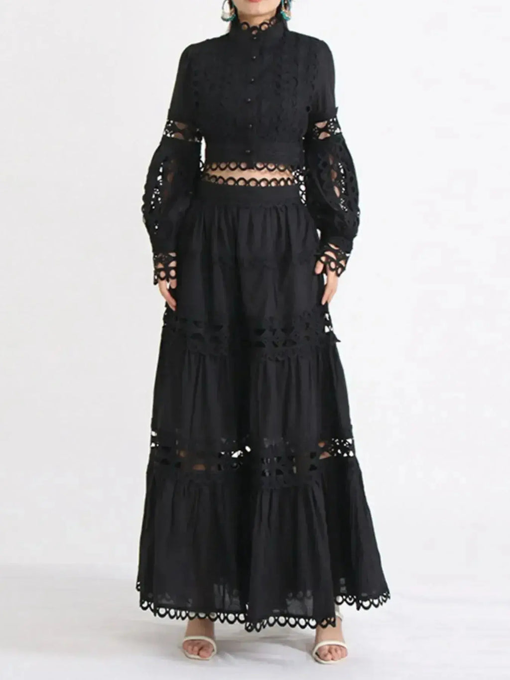 Elegant lace button-up long sleeve top and matching skirt set by Plush Fashion Hub, featuring intricate lace details and classic design.