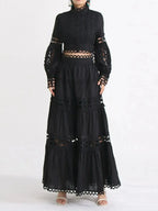Elegant lace button-up long sleeve top and matching skirt set by Plush Fashion Hub, featuring intricate lace details and classic design.