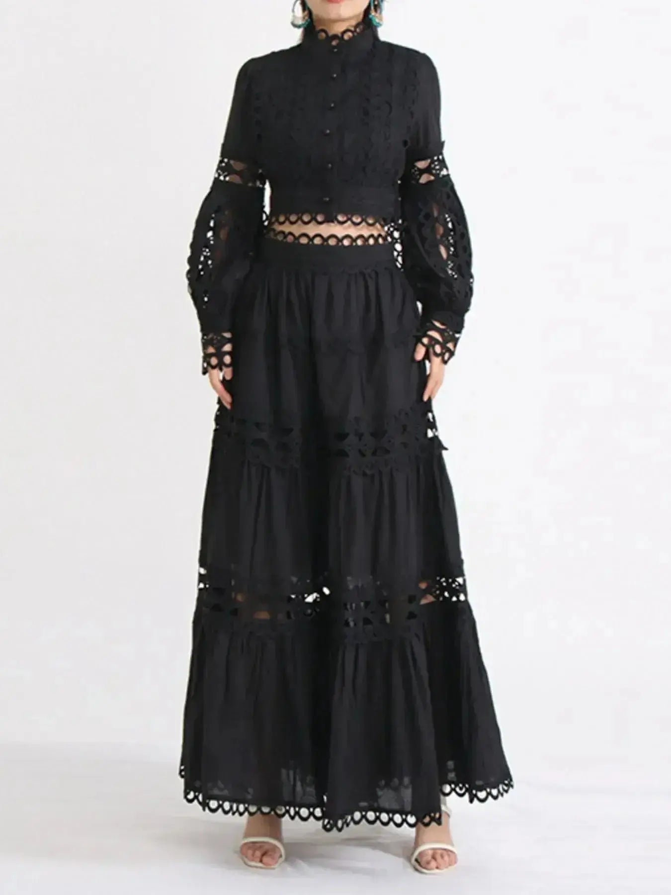Elegant lace button-up long sleeve top and matching skirt set by Plush Fashion Hub, featuring intricate lace details and classic design.