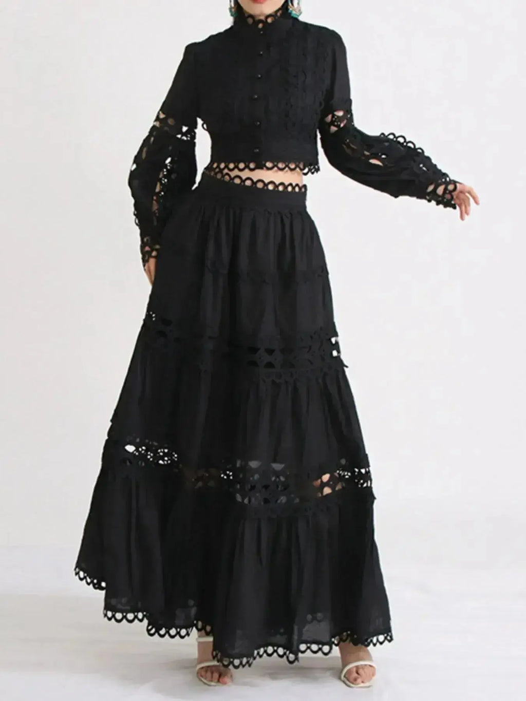 Elegant lace button-up long sleeve top and matching skirt two-piece set from Plush Fashion Hub, featuring intricate lace details.