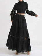 Elegant lace button-up long sleeve top and matching skirt two-piece set from Plush Fashion Hub, featuring intricate lace details.
