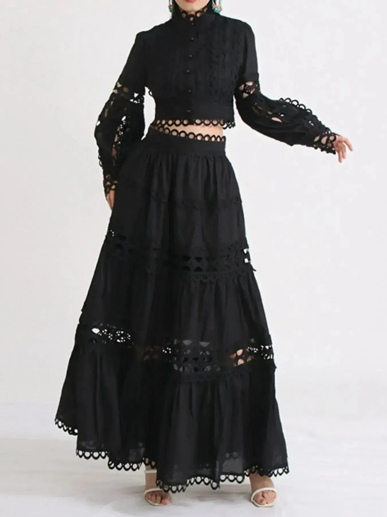 Elegant lace button-up long sleeve top and matching skirt two-piece set from Plush Fashion Hub, featuring intricate lace details.