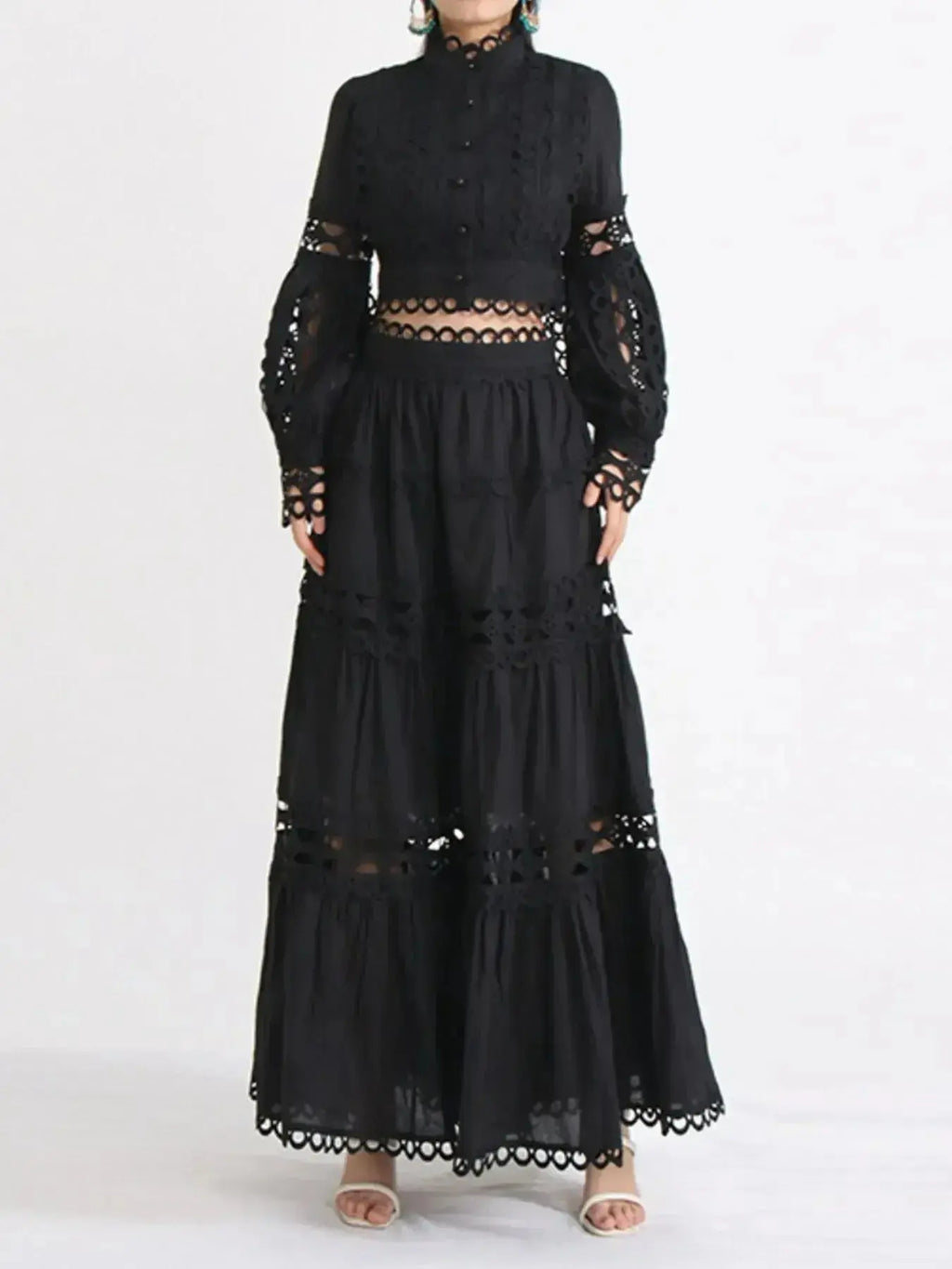 Elegant lace button-up long sleeve top and skirt set by Plush Fashion Hub, featuring intricate lace details and a coordinated two-piece design.