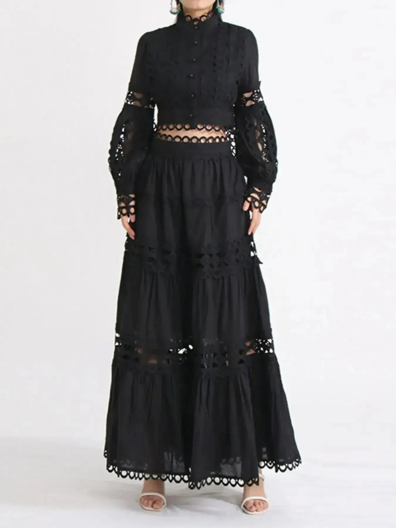 Elegant lace button-up long sleeve top and skirt set by Plush Fashion Hub, featuring intricate lace details and a coordinated two-piece design.