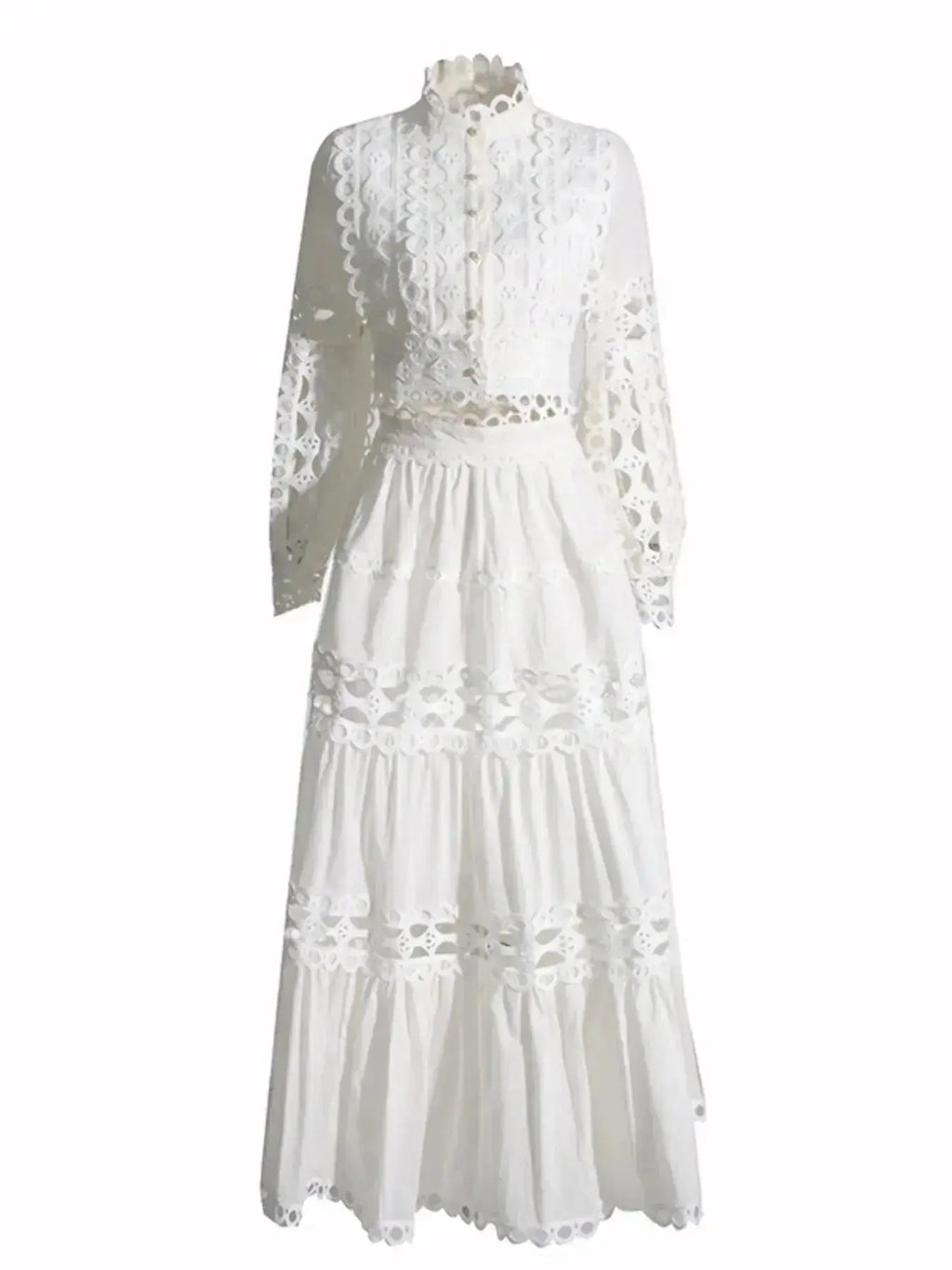 Elegant lace button-up long sleeve top and matching skirt set by Plush Fashion Hub, featuring intricate lace details and classic design.