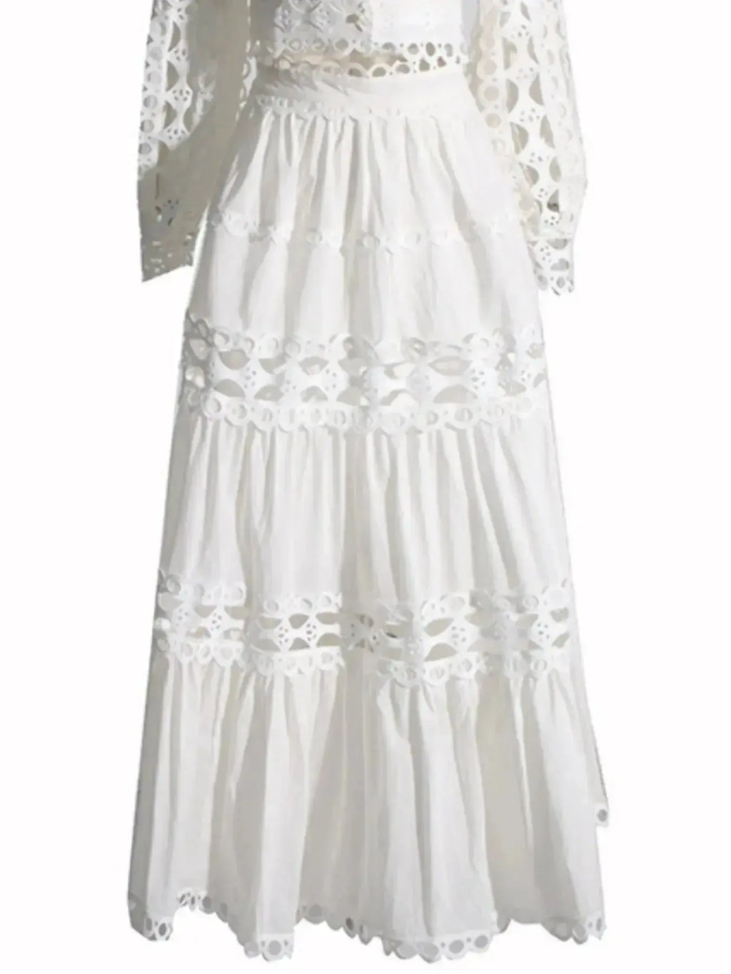Elegant lace button-up long sleeve top and matching skirt two-piece set by Plush Fashion Hub, showcased on a model.