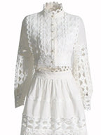 Elegant lace button-up long sleeve top and matching skirt set by Plush Fashion Hub, featuring intricate lace details and a stylish silhouette.