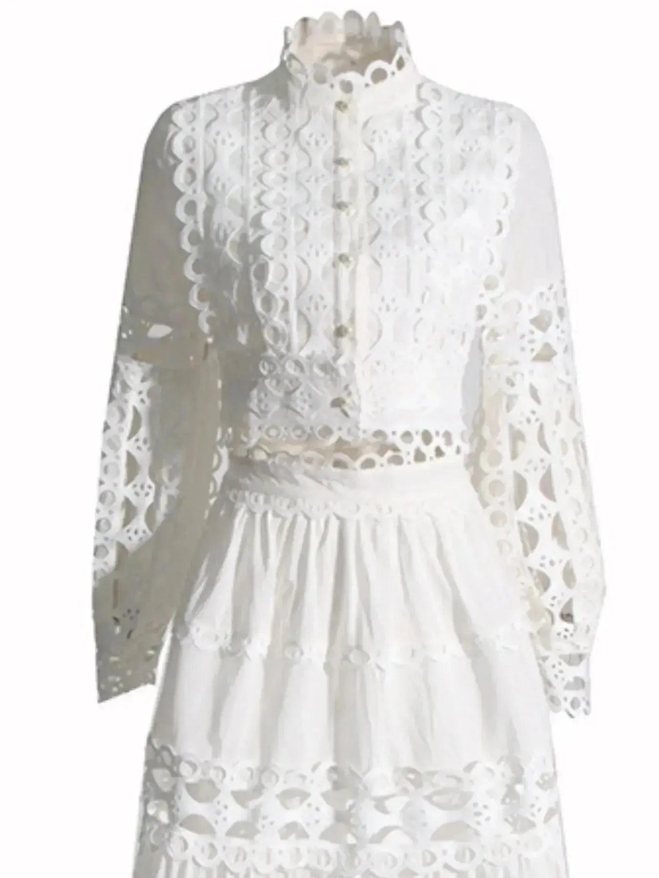 Elegant lace button-up long sleeve top and matching skirt set by Plush Fashion Hub, featuring intricate lace details and a stylish silhouette.