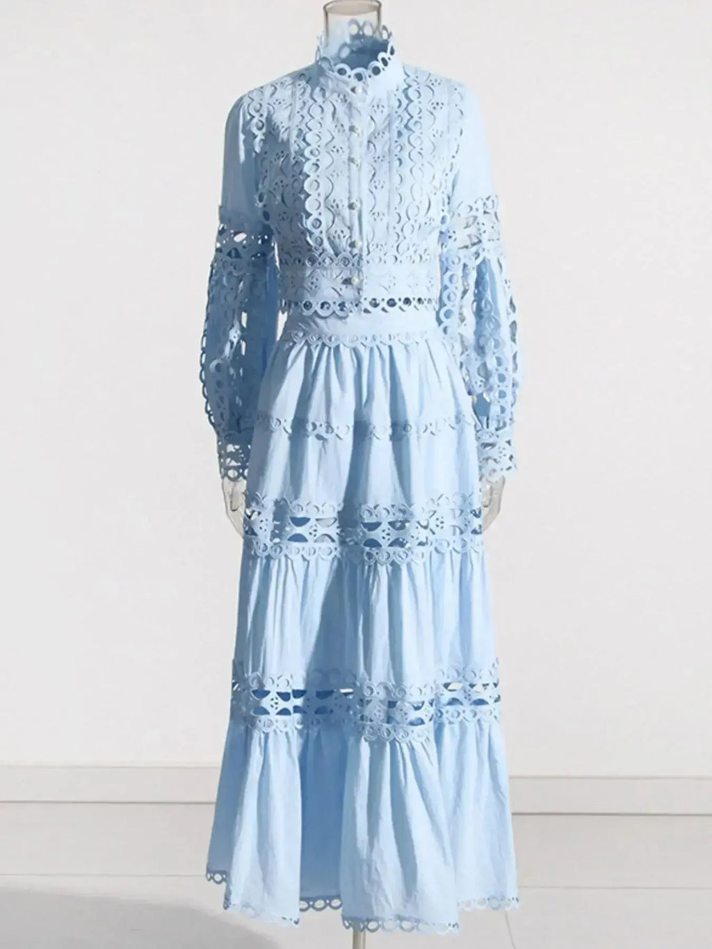 Elegant lace button-up long sleeve top and matching skirt two-piece set from Plush Fashion Hub, showcasing detailed lace fabric.