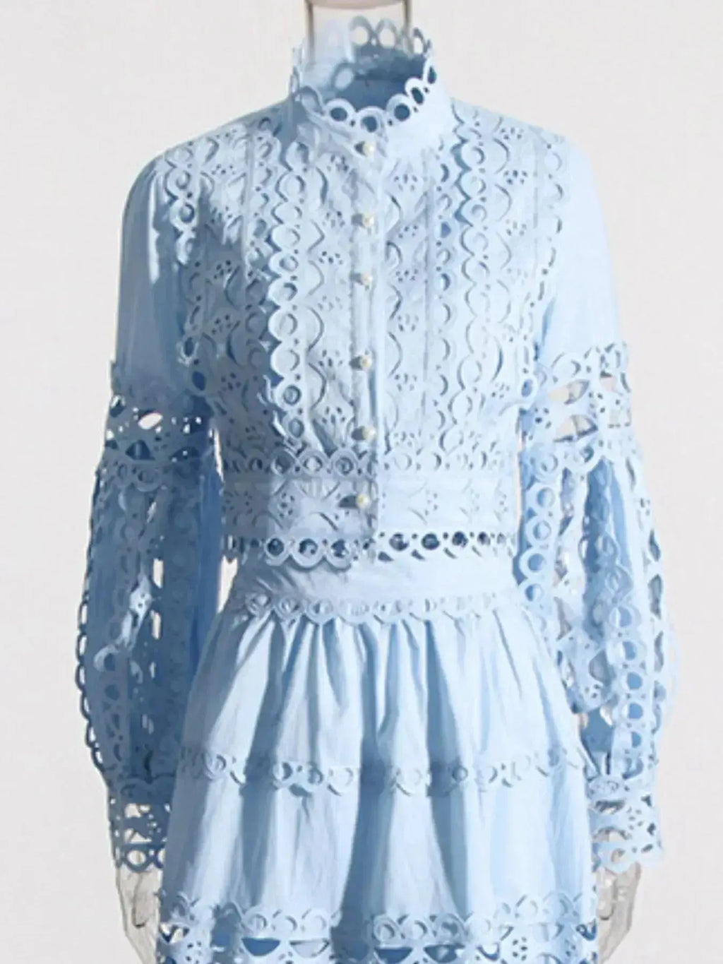 Elegant lace button-up long sleeve top and matching skirt two-piece set by Plush Fashion Hub, featuring intricate lace details.