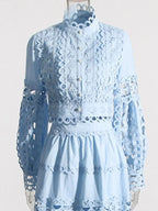 Elegant lace button-up long sleeve top and matching skirt two-piece set by Plush Fashion Hub, featuring intricate lace details.
