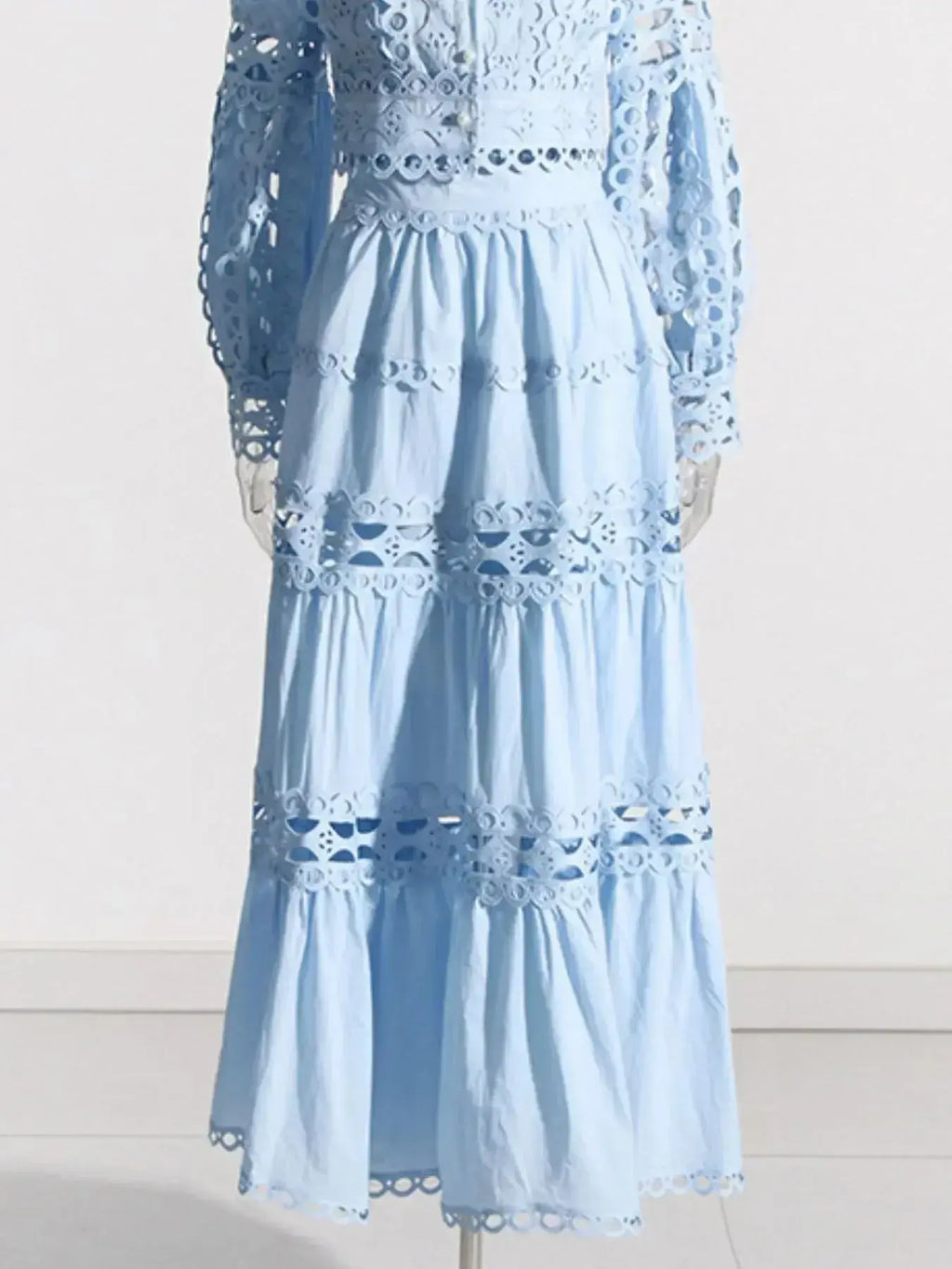 Elegant lace button-up long sleeve top and matching skirt two-piece set from Plush Fashion Hub, showcasing intricate lace details.