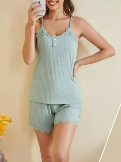 Lace-Trimmed Ribbed Cami and Shorts Lounge Set - Plush Fashion Hub