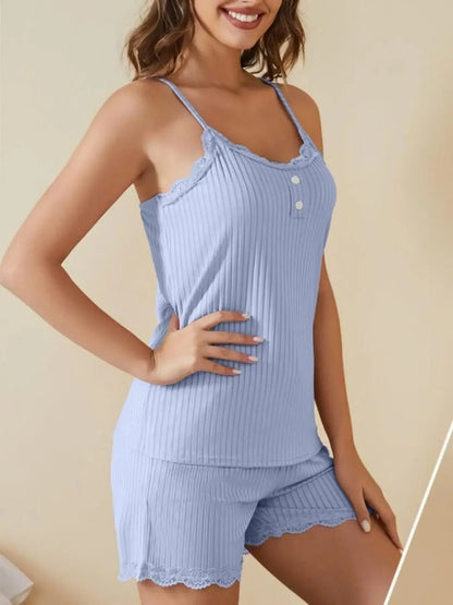 Lace-Trimmed Ribbed Cami and Shorts Lounge Set - Plush Fashion Hub