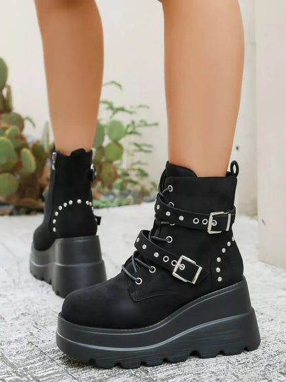 Lace Up Platform Wedge Boots - Plush Fashion Hub