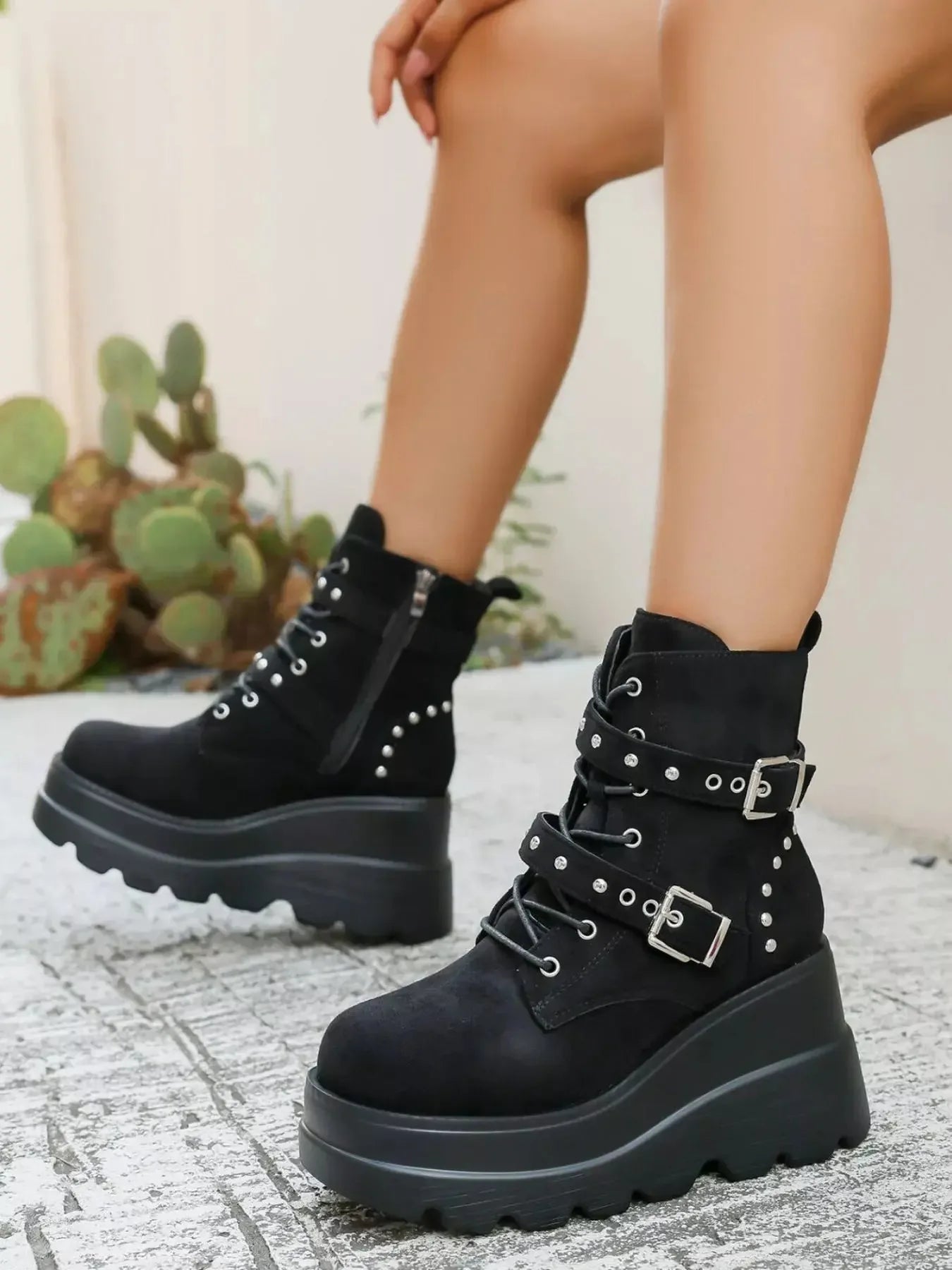 Lace Up Platform Wedge Boots - Plush Fashion Hub