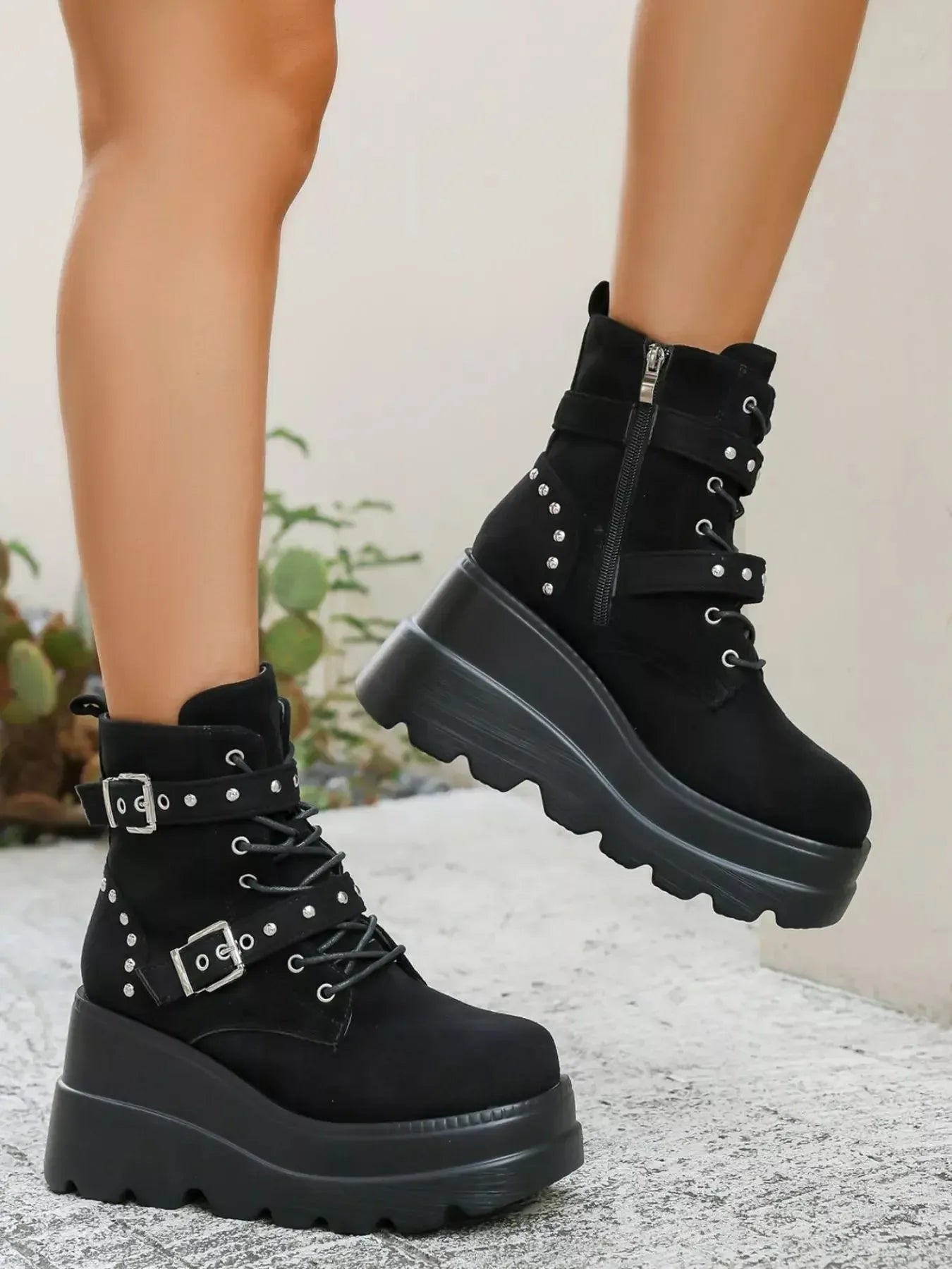 Lace Up Platform Wedge Boots - Plush Fashion Hub