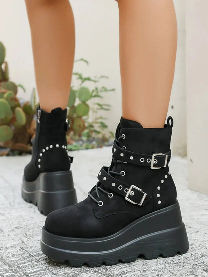Lace Up Platform Wedge Boots - Plush Fashion Hub