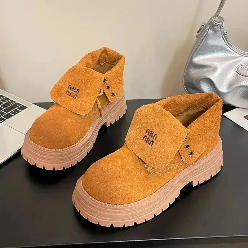 Women's round toe lace-up suede platform boots by Plush Fashion Hub, featuring a stylish design and chunky heel.