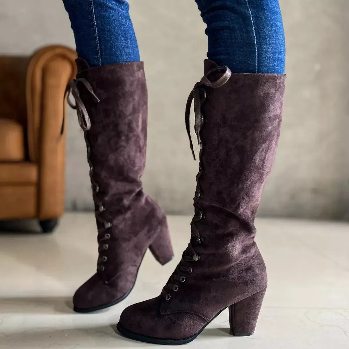 Lace-Up Suede Block Heel Boots - Edgy Sophistication - Plush Fashion Hub