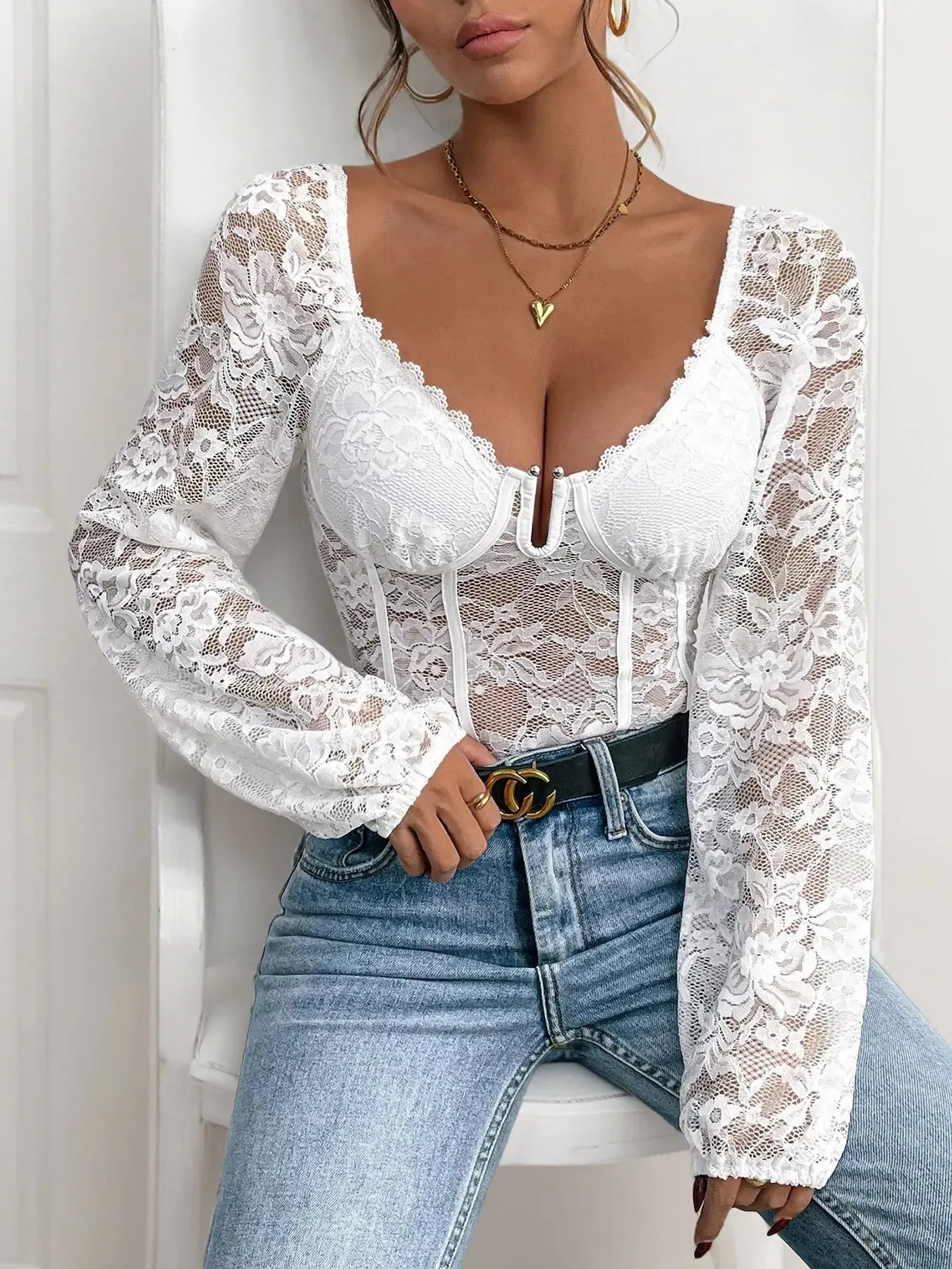 Lace V-Neck Long Sleeve Bodysuit - Plush Fashion Hub