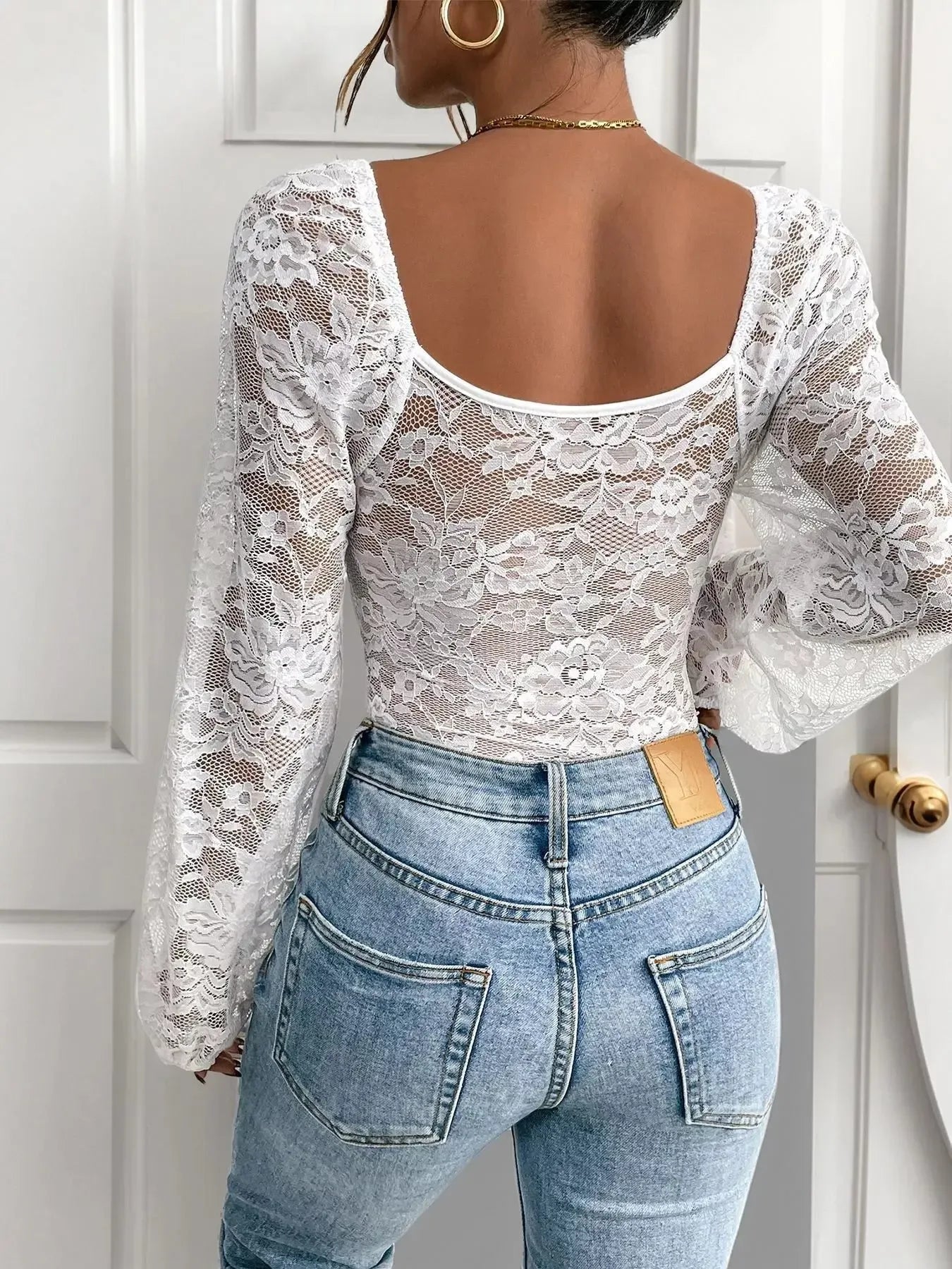 Lace V-Neck Long Sleeve Bodysuit - Plush Fashion Hub