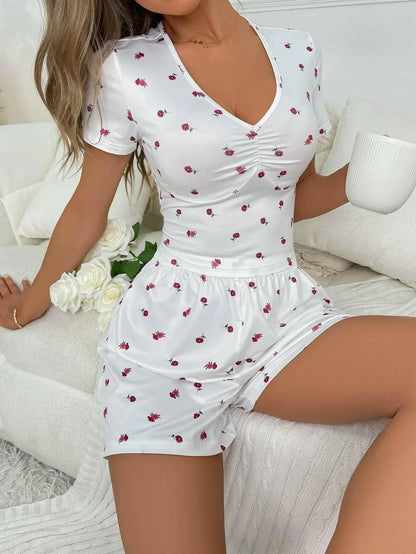 Ladies Floral Ruched T-Shirt and Shorts Lounge Set - Plush Fashion Hub