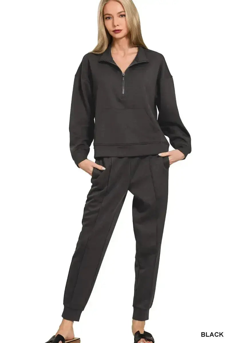 Women’s plush fashion hub half-zip sweatshirt and joggers lounge set, soft and comfortable sweatsuit for relaxed wear.