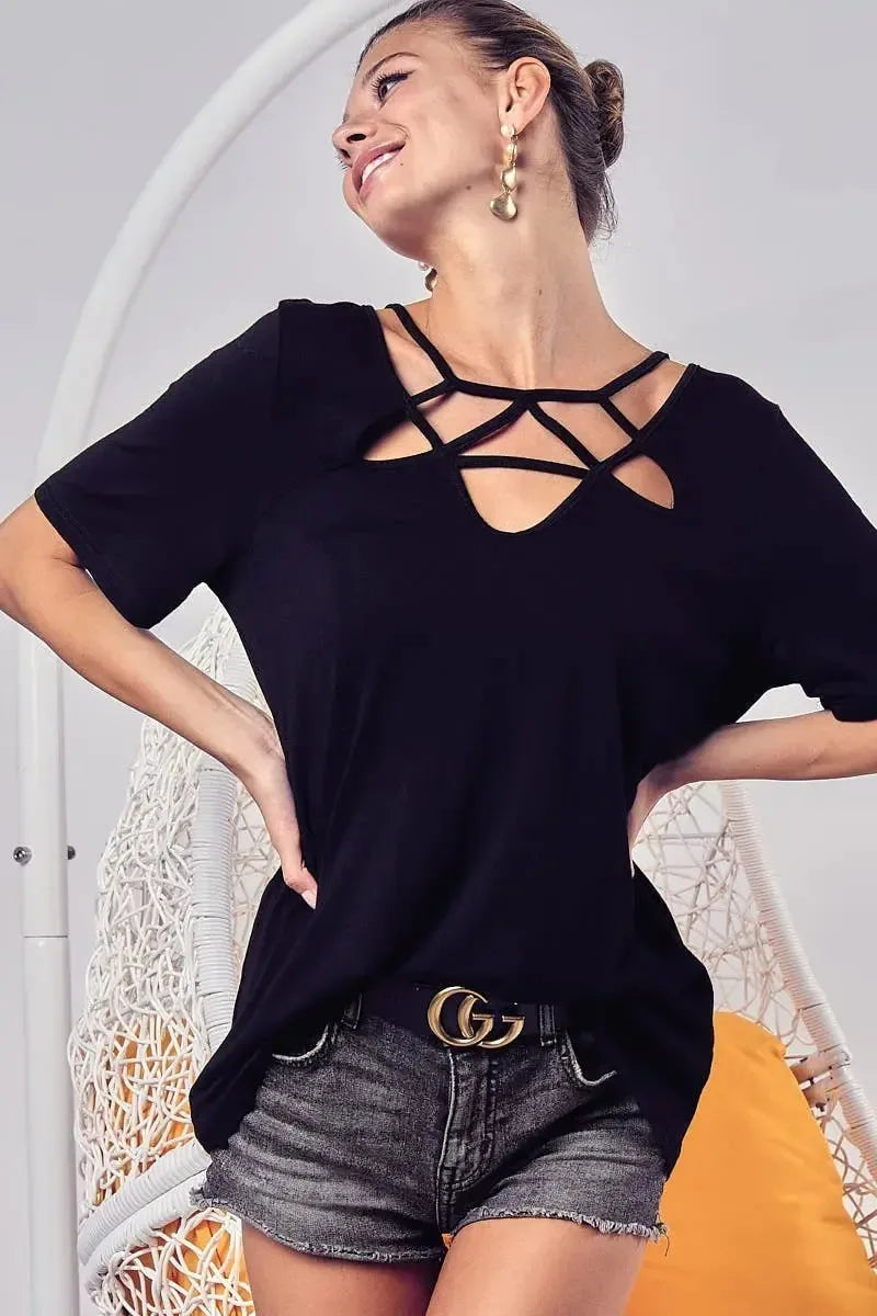 Ladies Silky Knit Top with Front Details - Plush Fashion Hub