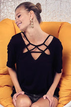 Ladies Silky Knit Top with Front Details - Plush Fashion Hub