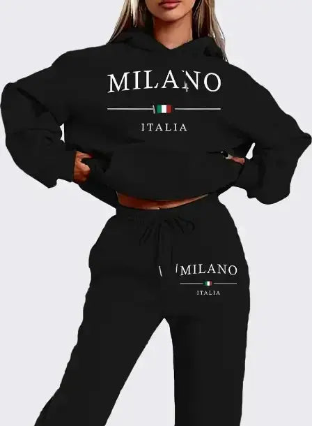 Women's alphabet print two-piece sweatshirt and jogger lounge set by Plush Fashion Hub, featuring a cozy polyester dress design.