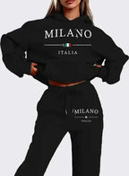 Women's alphabet print two-piece sweatshirt and jogger lounge set by Plush Fashion Hub, featuring a cozy polyester dress design.
