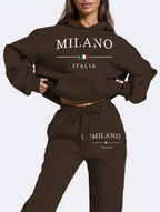Women's alphabet print two-piece sweatshirt and jogger lounge set by Plush Fashion Hub, featuring a cozy polyester dress design.
