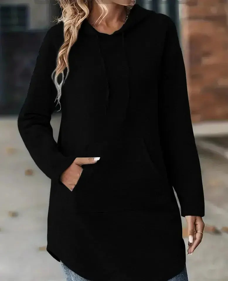 Women's solid long-sleeve casual sweatshirt hoodie by Plush Fashion Hub, in a smooth, comfortable fabric, shown in a solid color.