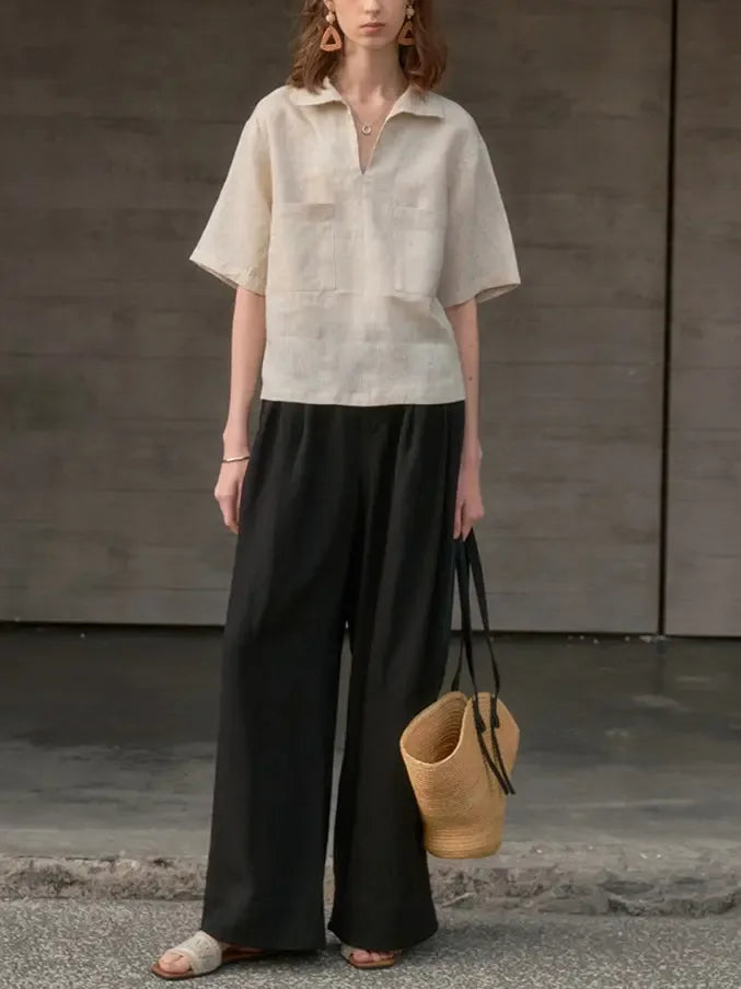 Lapel Linen Short Sleeve Shirt - Plush Fashion Hub