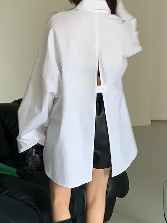 Lapel Single Breasted Back Slit Long Sleeve Shirt - Plush Fashion Hub