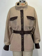 Leather Trim Sherpa Outerwear with Pockets - Plush Fashion Hub