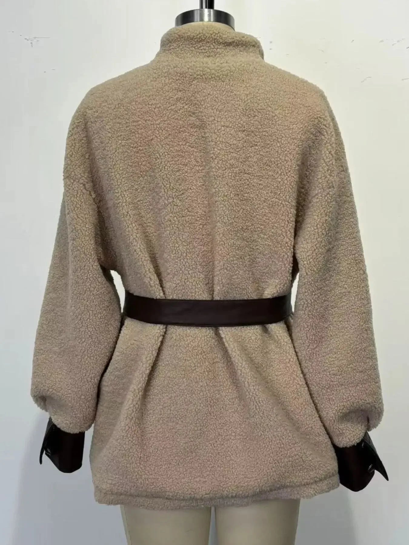 Leather Trim Sherpa Outerwear with Pockets - Plush Fashion Hub