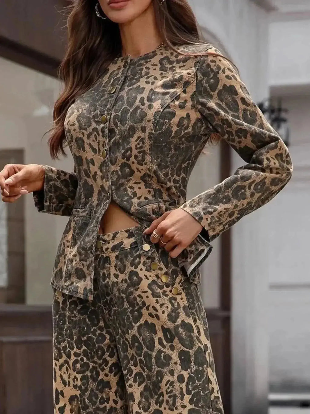 Women's leopard print denim button-up blouse with long sleeves, slightly stretchy fabric, by Gilded Glamour Shop.