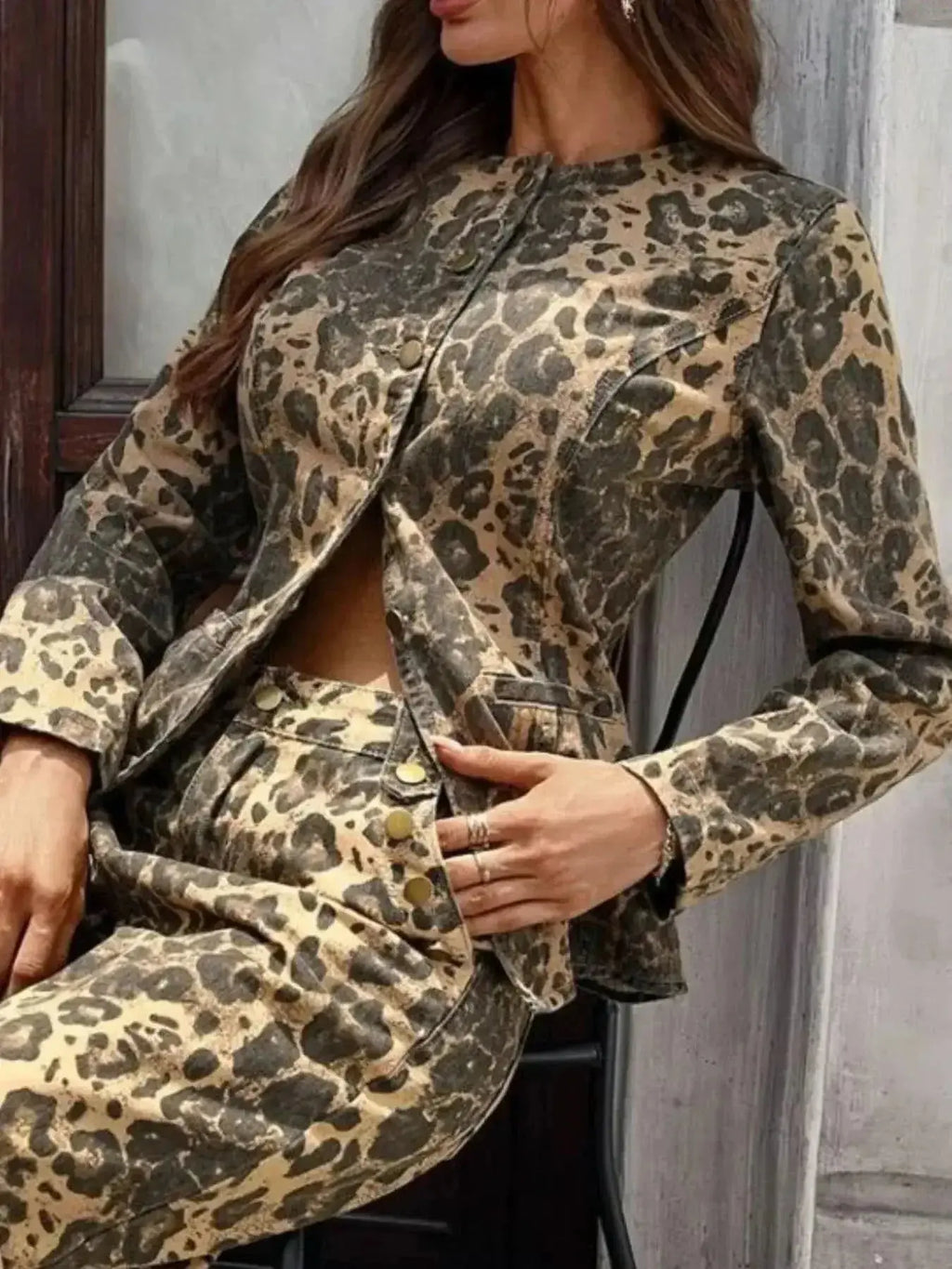 Women's leopard print denim button-up shirt with long sleeves, stretchy fabric, by Gilded Glamour Shop.