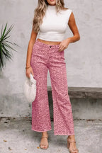 Leopard print high-waisted wide-leg jeans with frayed hem from Plush Fashion Hub, showcasing stylish animal print denim.