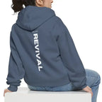 Blue denim hoodie with letter print and front pocket, modern streetwear style from Plush Fashion Hub.
